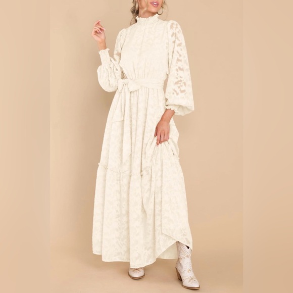 Cream Long Sleeve Maxi Dress with Waist Tie - Picture 5 of 5